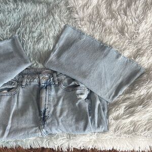 Forever 21 Premium Light Blue Distressed Bell Bottom Jeans. Size 27.
